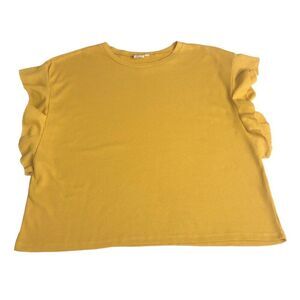 Grace & Emma Top Womens Extra Large Yellow Waffle Knit Short Ruffle Sleeve Boxy